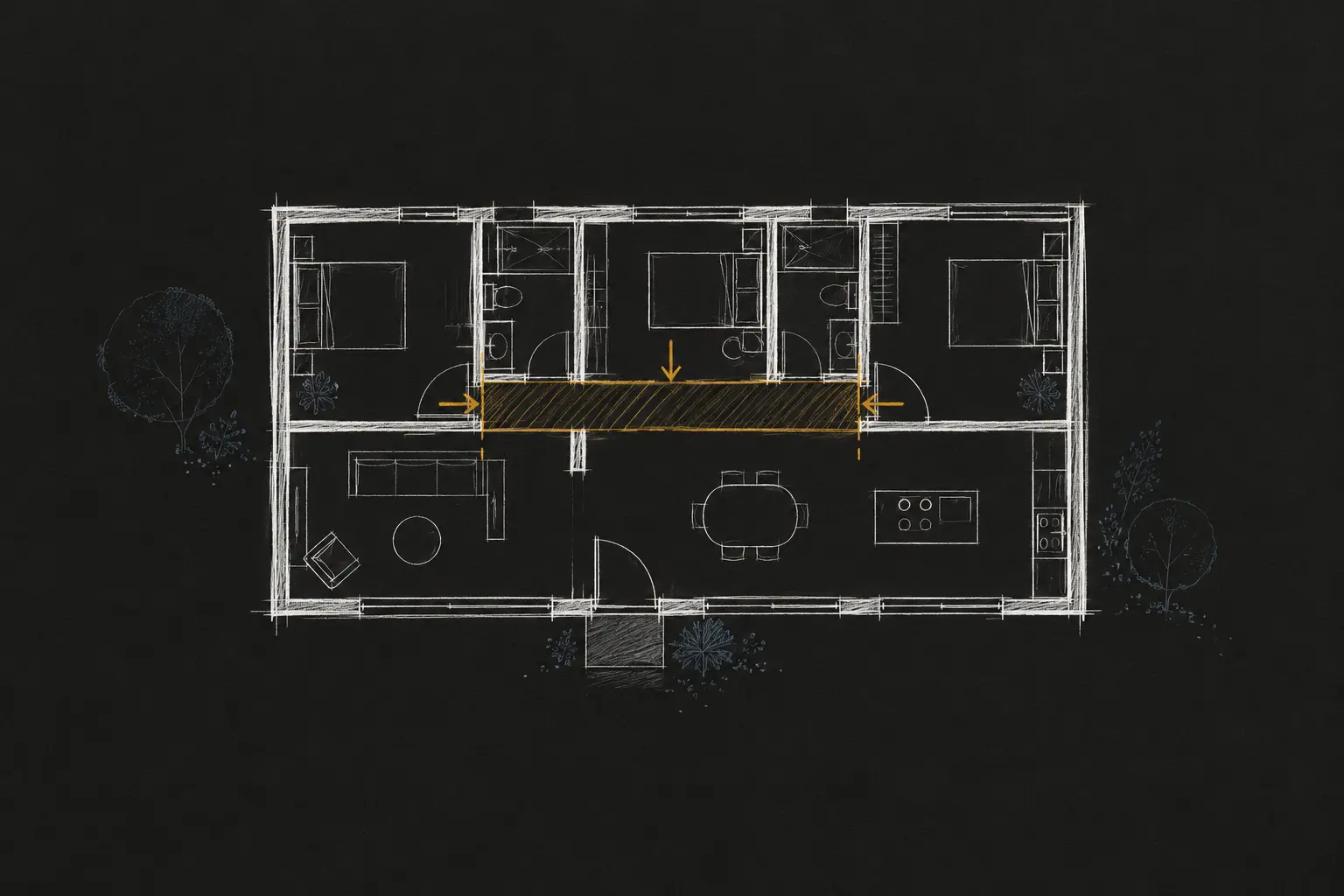 ¿Qué casa puedo construir con el dinero que tengo? Planta arquitectónica esquemática de vivienda compacta con recorridos resaltados para ajustar superficie y presupuesto