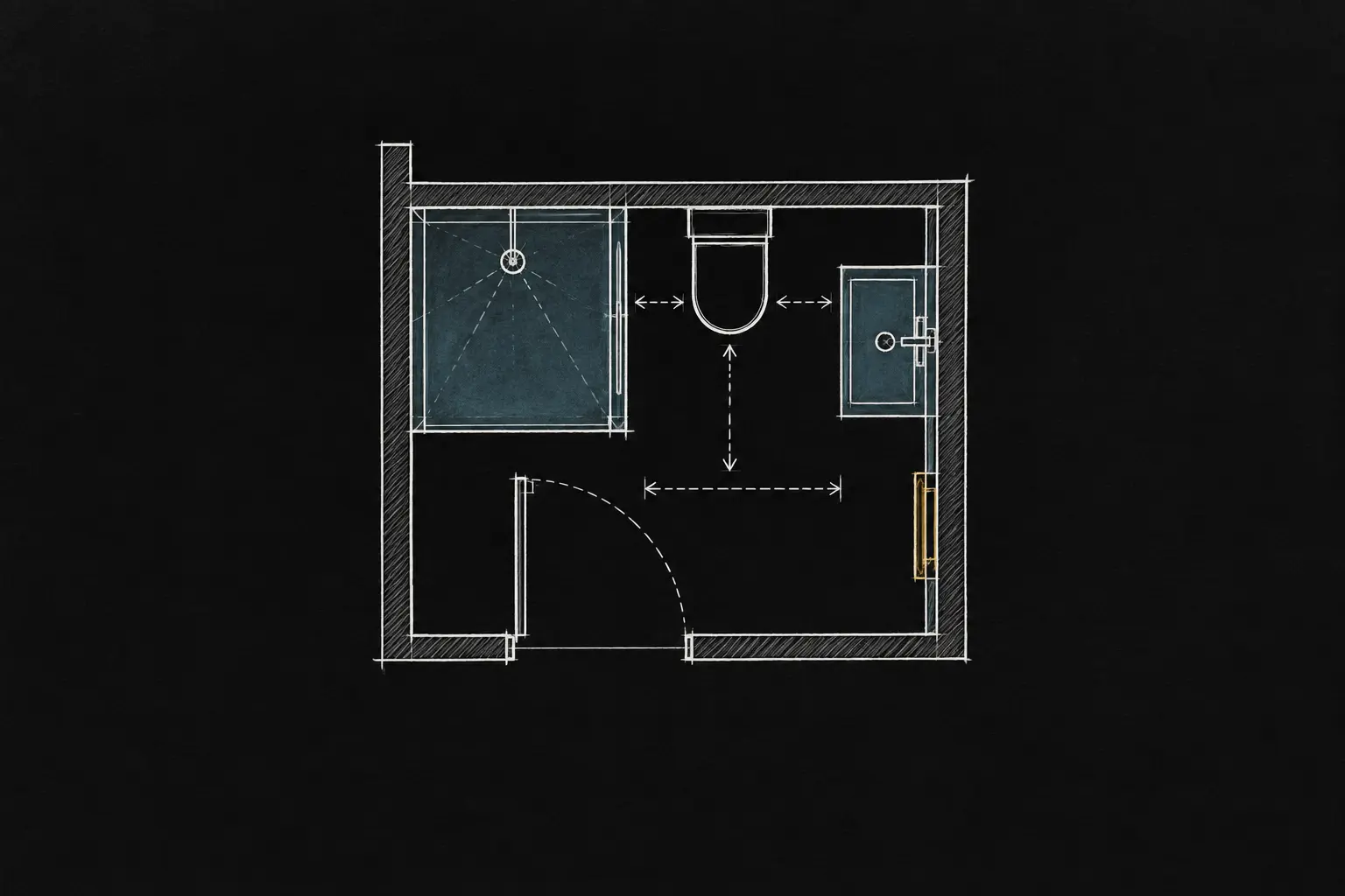 Medidas para diseñar un baño cómodo Planta de baño con ducha, inodoro, lavabo, apertura de puerta y espacios libres de uso