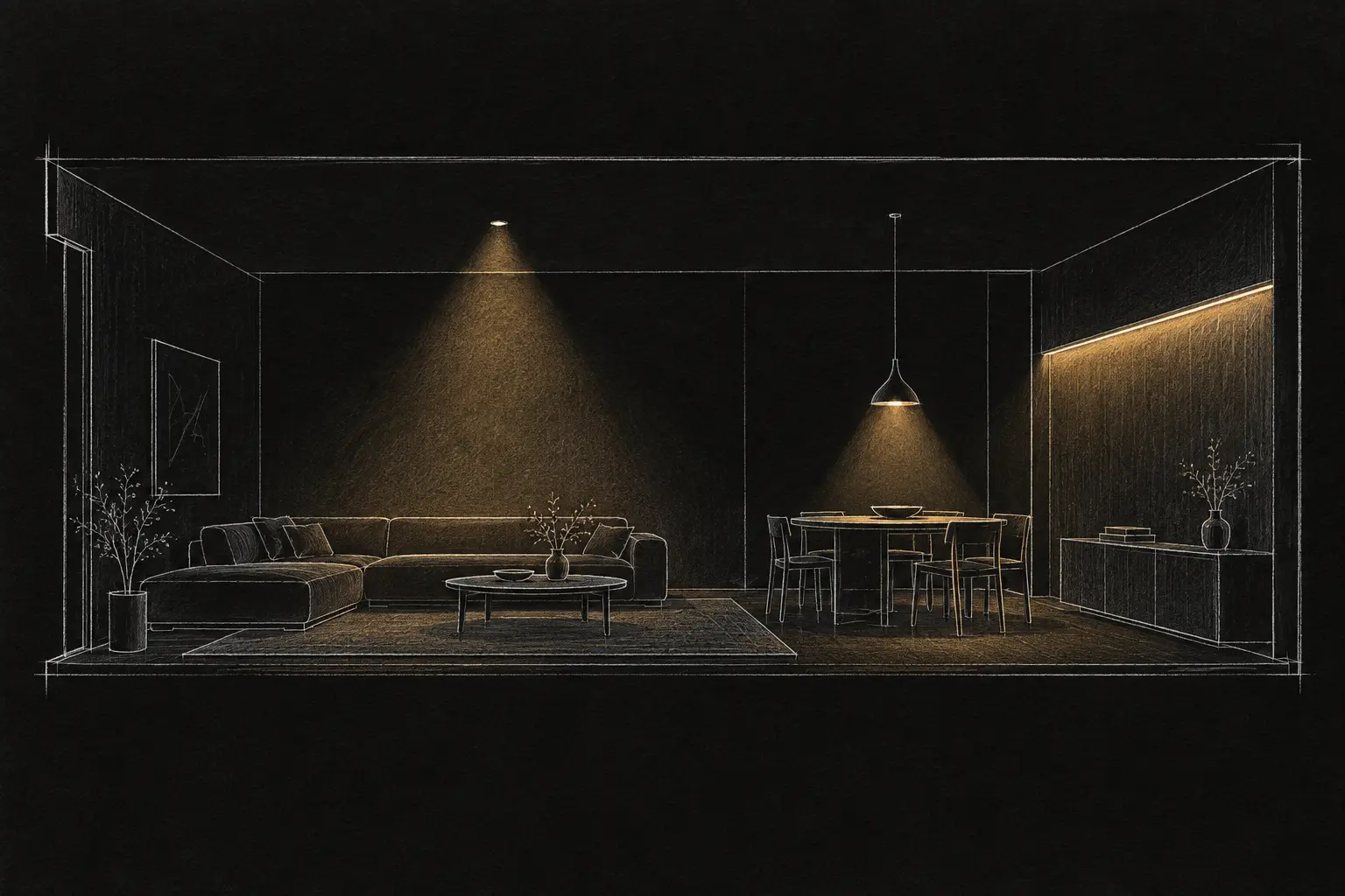 Diseño de iluminación artificial para una vivienda Croquis de salón comedor con luz ambiental, lámpara de trabajo y luz lineal de acento