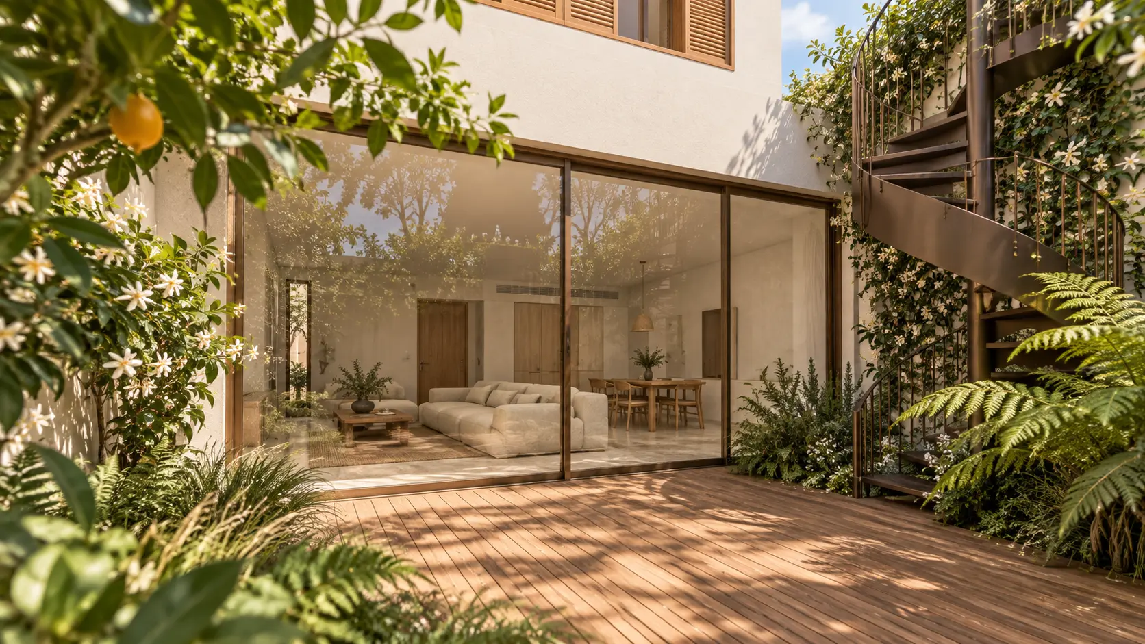 Patio de madera y vegetación visto hacia el salón