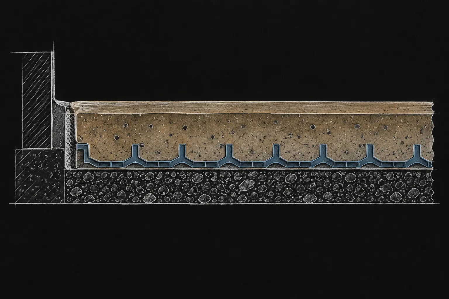 Solera de hormigón con retícula plástica Sección constructiva de una solera de hormigón con retícula plástica celular completamente rellena sobre base compactada