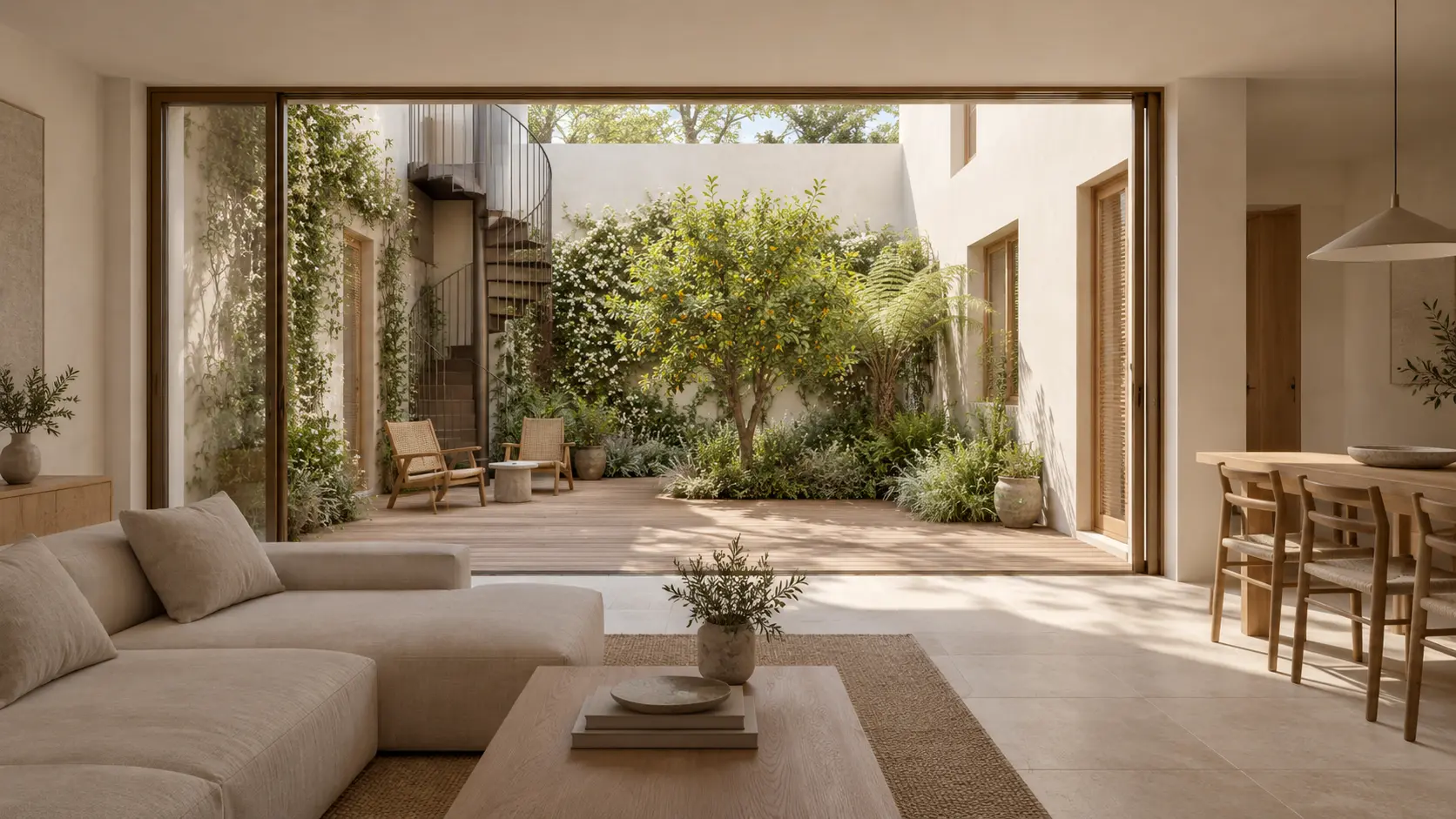 Salón abierto al patio interior mediante una gran cristalera