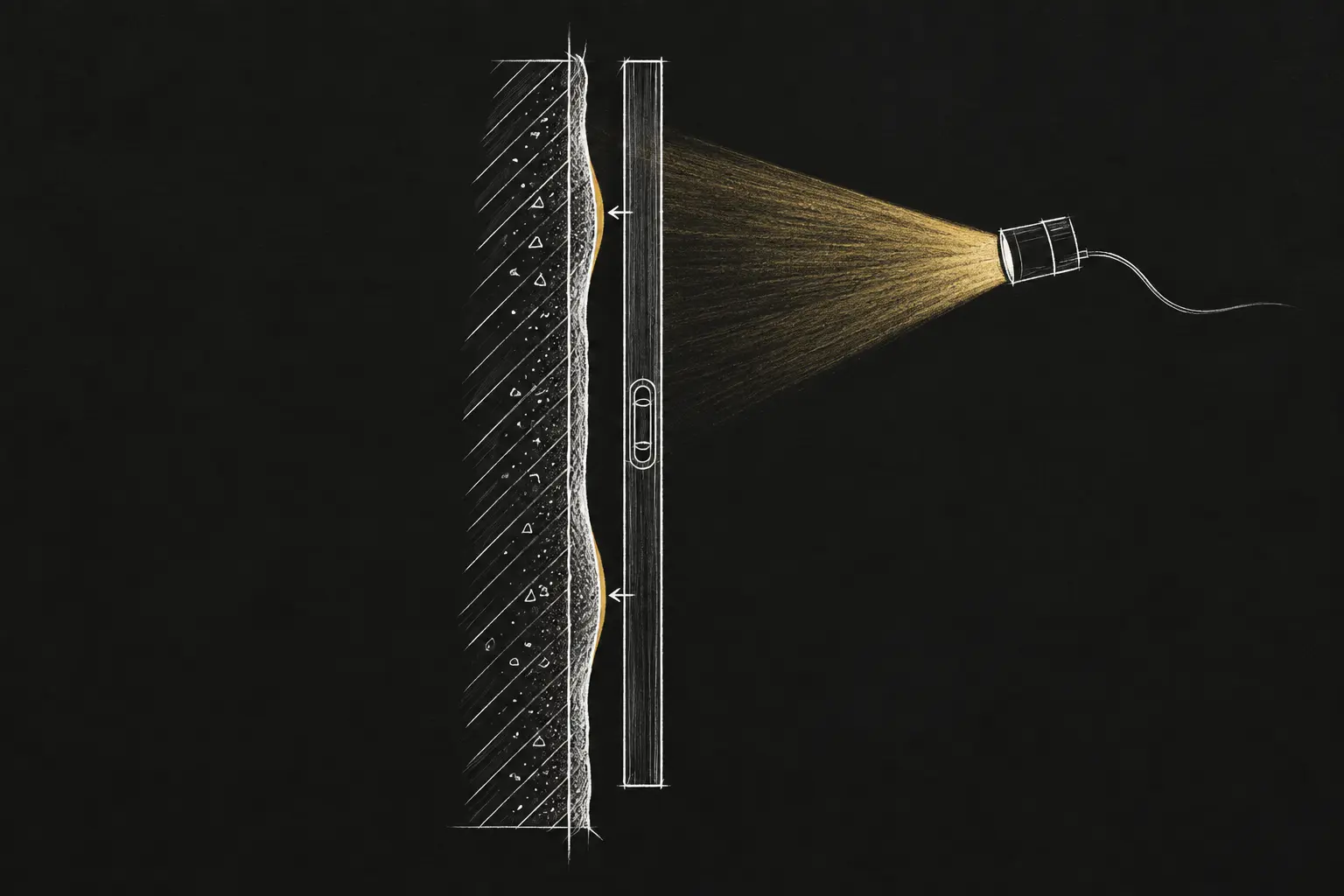 Cómo comprobar si un enlucido está bien ejecutado Dibujo arquitectónico para comprobar un enlucido de yeso mediante una regla larga y luz rasante sobre la pared