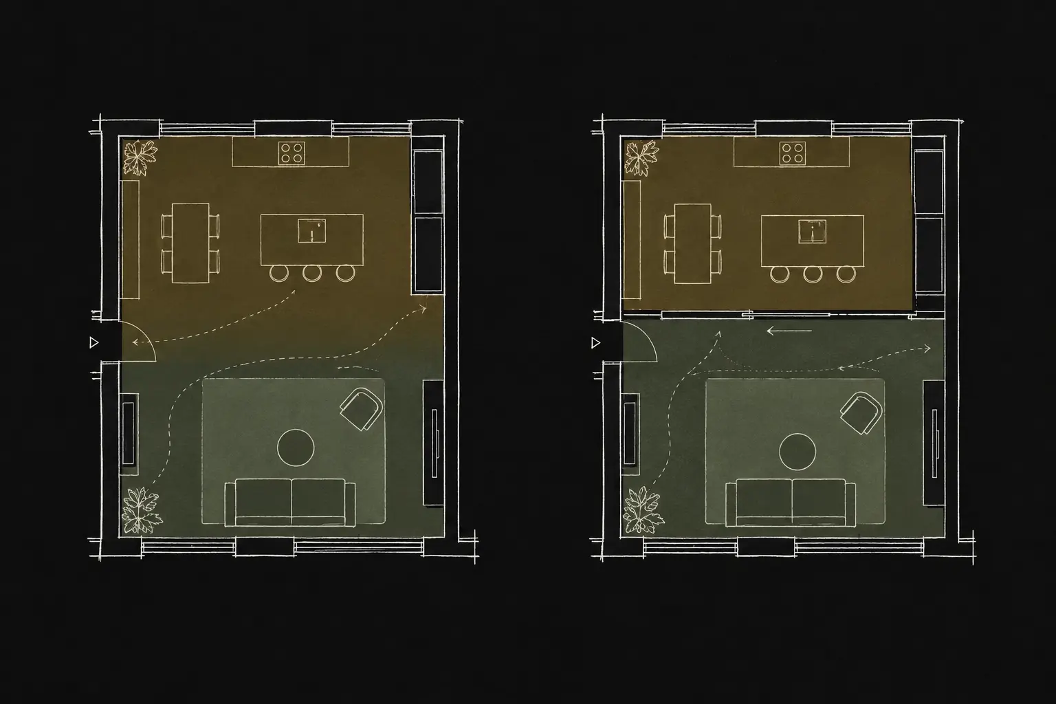 Cocina abierta o cerrada Comparación en planta entre cocina abierta al salón y cocina conectada mediante una gran puerta corredera