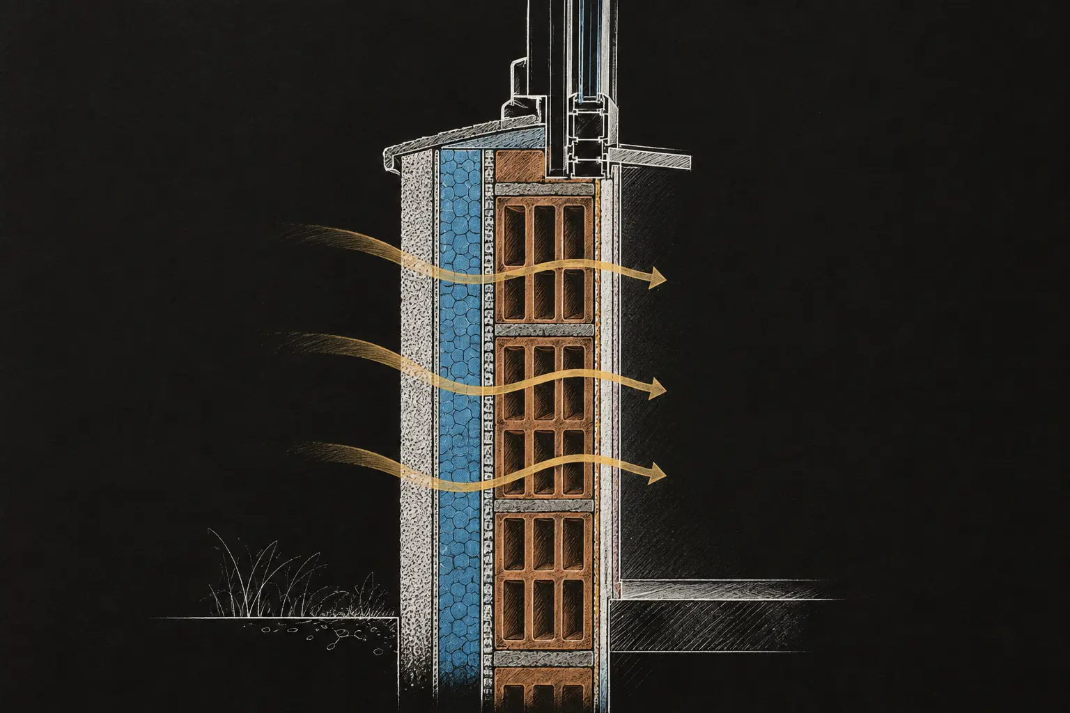 Cerramiento exterior eficiente para vivienda Detalle de cerramiento térmico con acabado exterior, aislamiento continuo, bloque cerámico y encuentro de ventana