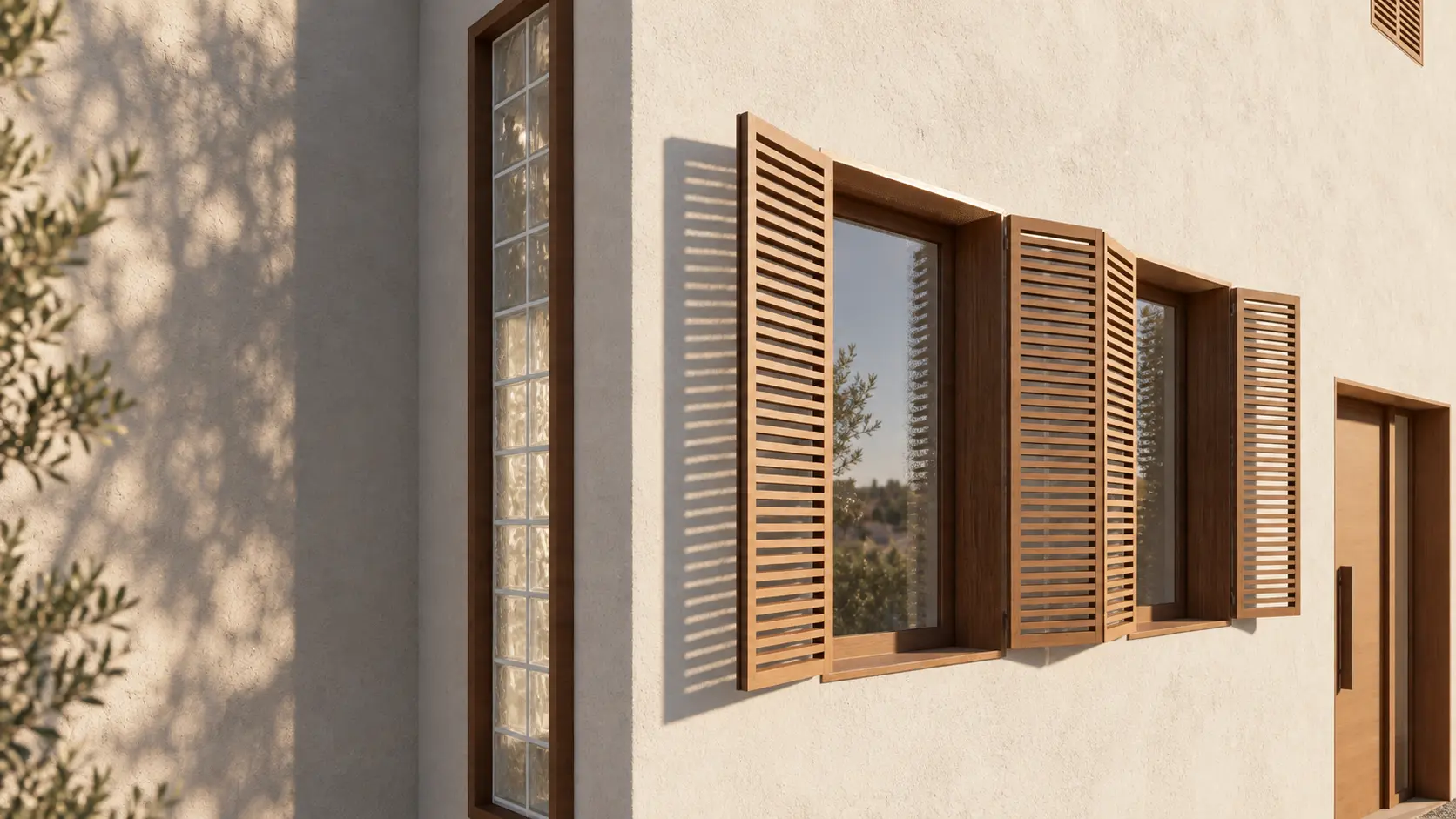 Detalle de la fachada con contraventanas de lamas de madera