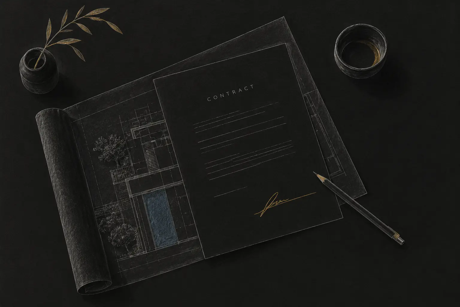 ¿Cuánto cuesta el arquitecto y qué debe incluir su trabajo? Croquis de contrato de servicios de arquitectura sobre un plano con línea de firma resaltada