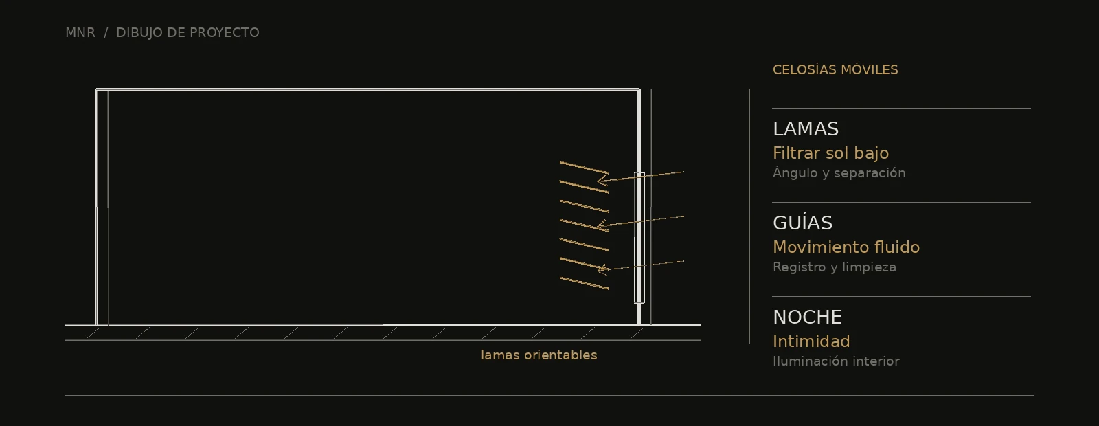 Esquema arquitectónico de celosías móviles: filtrar sol bajo, movimiento fluido y intimidad